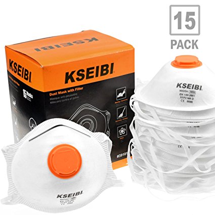 KSEIBI 391015 Safety Particulate Respirator N95 Series W Valve and Adjustable Foam Nose Cushion Dust Mask (15 Pack)