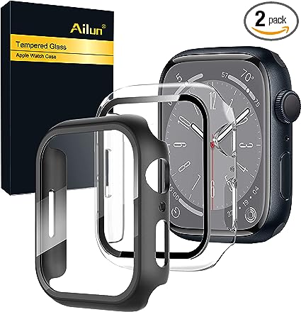 Ailun for Apple Watch Series 8 & 7 Screen Protector Case [41mm], Ultra-Thin Hard PC Case Built in Tempered Glass Screen Protector for iWatch, Shockproof Cover with Button [2 Pack][Black Clear]