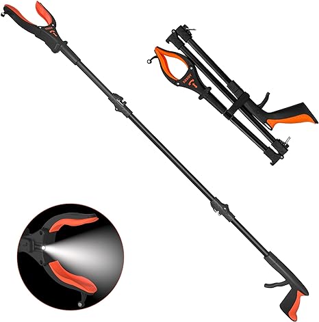 Kekoy 44'' Grabber Reacher Tool With Light, Extra Long Litter Pickers For Adults Grabber Stick For Elderly, Helping Hand Grabber For Disabled Aid Picker Upper Grabber,Portable Rubbish Pick Up (Orange)