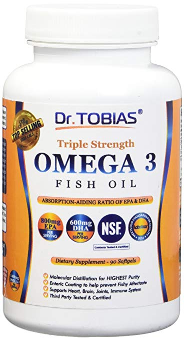 Dr. Tobias Omega 3 Fish Oil Triple Strength, Burpless, Non-GMO, NSF-Certified with Enteric Coating, 180 Count