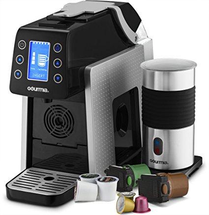 Gourmia GCM5000 One Touch Multi Capsule Coffee Machine, Compatible With Nespresso, K-Cup Pods & More, Built In Milk Frothier, Adjustable Temperature & Size, Digital Display - Silver