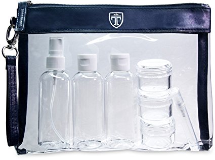 TRAVANDO ® Clear Toiletry Bag with 7 Bottles (max.100ml) | Travel Set for Liquids | Transparent Zipper Bag for Cosmetics | Plastic PVC Airport Security Luggage Organiser | Wash Bag Kit Make up Pouch