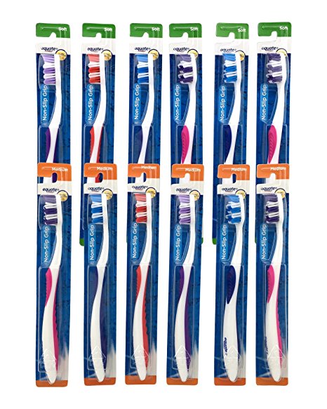 Equate Manual ToothBrush Full Head 12 Count, (6 Soft & 6 Medium) Colors May Vary