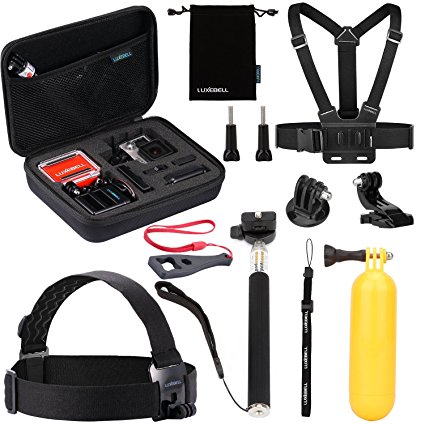Luxebell 10 in 1 Value Pack Accessories Kit for Gopro Hd Hero5 4 3  3 2 & Hero Camera,Head Strap Mount   Chest Harness Belt Mount   Floating Grip   Extendable Handheld Monopod   Medium ShockProof Carry Case