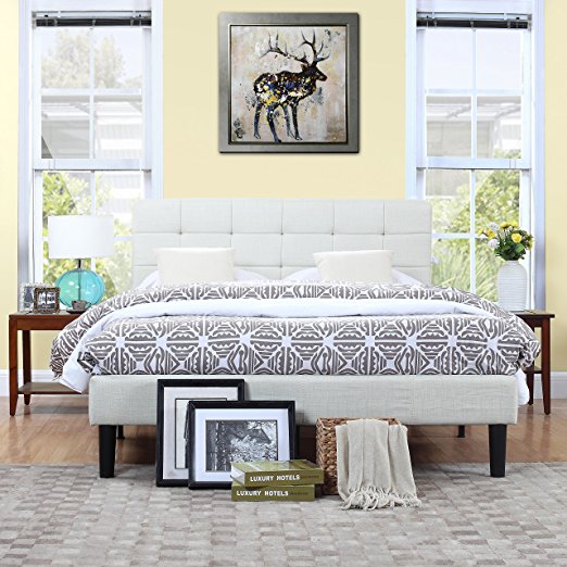 Classic Deluxe Ivory Linen Low Profile Platform Bed Frame with Tufted Headboard Design [Cal King]