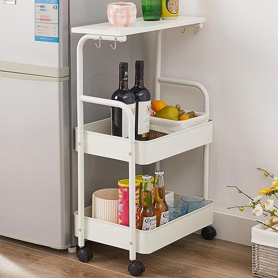 VECELO Metal Utility Storage Rolling Cart with Breathable Mesh Baskets, 360°Lockable Wheels, 4 Hooks, Top Board, 3-Tier Mobile Organizer for Kitchen Bathroom Under Table Sofa Side, Classic White