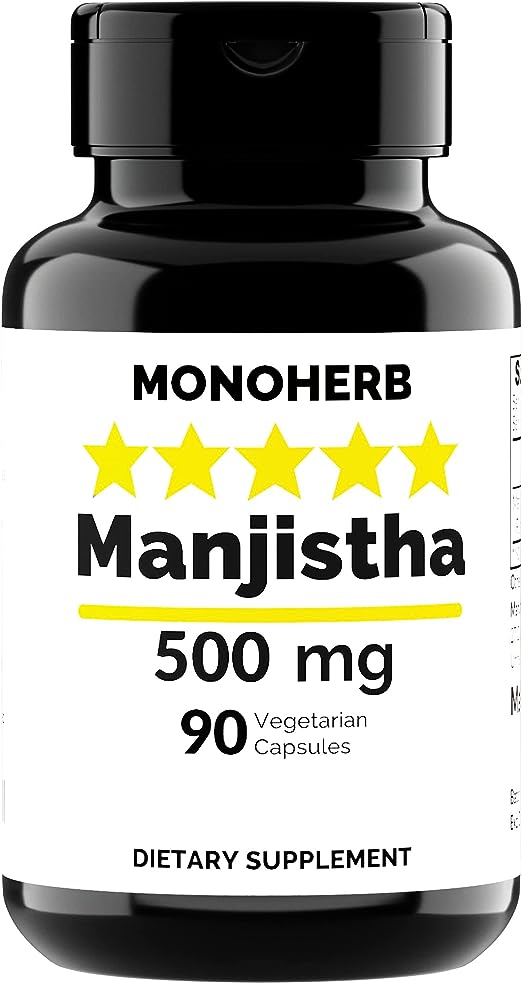 MONOHERB Manjistha 500 mg - 90 Vegetarian Capsules - Supreme Manjistha Root Extract - Rubia Cordifolia
