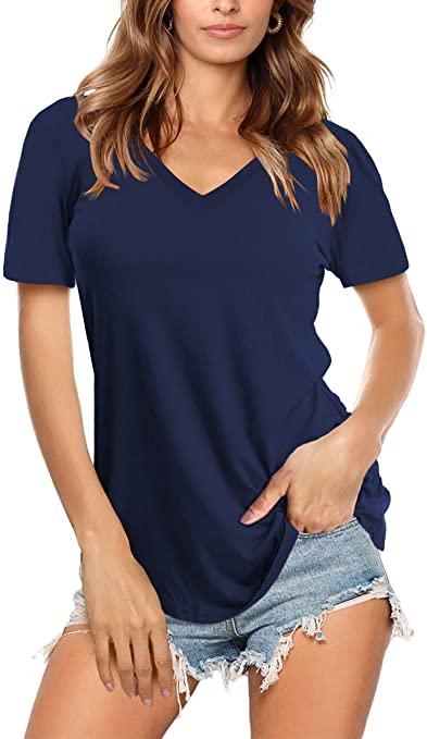 Amoretu Women Solid Color Basic V Neck Tee Shirts Long Sleeve Top Blouses