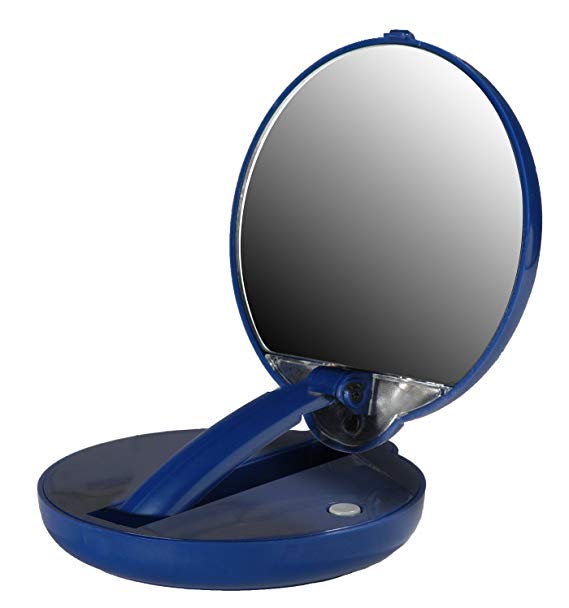 Lighted Adjustable 10X Mirror Compact in Blue Case