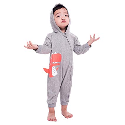 Teeker Unisex Hoodie Romper Jumpsuit Cotton Onesies Long Sleeve Baby Body Suit Dinosaur Print