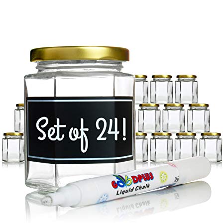 Hexagon Glass Jars - 6oz Set of 24 Glass Jars with Gold Caps with Chalkboard Labels and Marker - Perfect for Spices, Honey, Canning, Gifts and Crafts