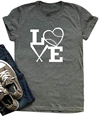 Women Love Baseball Print Short Sleeve T Shirt Heart Print Graphic Tee Tee Tops