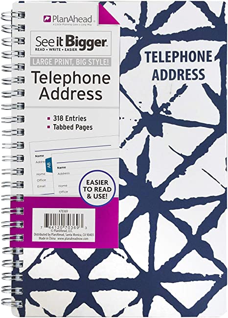 PlanAhead See It Bigger Telephone/Address Book; Large Print with Tabbed Pages (Blue Shibori)