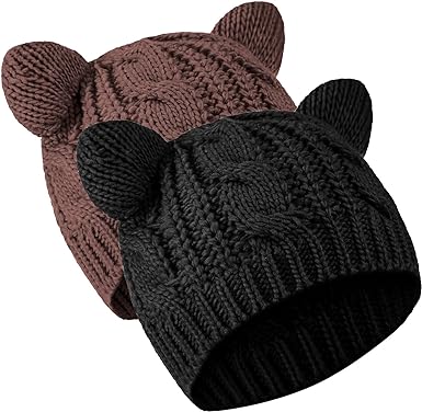 Cat Ear Beanie Hats Cute Cat Knitted Hat Winter Knit Cable Hat for Women Girls