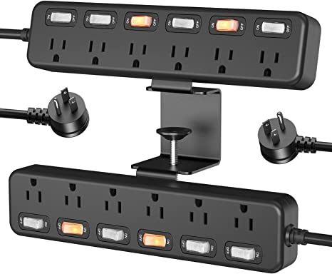 Black 2 in 1 Desktop Edge Power Strip 12AC Outlets with Individual Switches,800J Surge Protection Removable Clamp Power Outlet Socket for Home Office