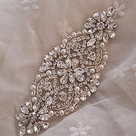 Rhinestone and pearl beaded applique for bridal sash, wedding headband, garters