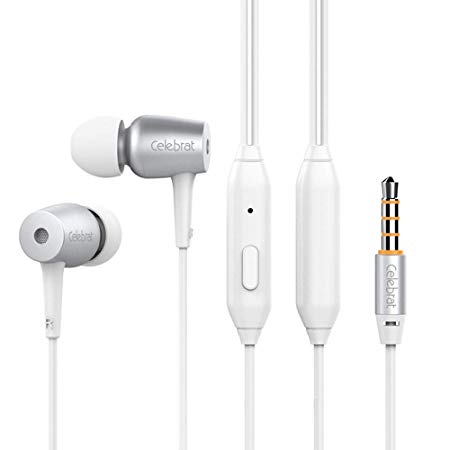 Celebrat Noise Isolating Earphones Headphones with Microphone Bass Driven Sound, Replaceable Earbuds for iPhone, iPod, iPad, MP3, Samsung, Nexus, Android Smartphones – Silver