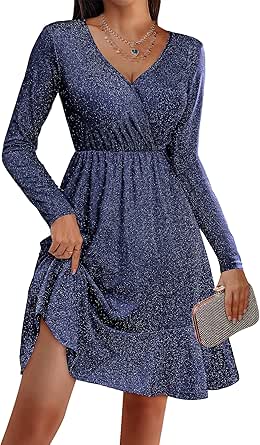 Zeagoo Womens Glitter Dress Wrap V Neck Long Sleeve Ruffle Hem Swing Club Cocktail Party Dresses Mini Sparkle Dress