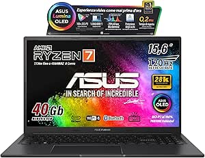 ASUS Notebok Vivobook OLED Display 2,8K 15.6" 2880x1620, Cpu Amd Ryzen 7 7730u, 8Core, Ram 40Gb, SSD 512Gb Nvme, Win11, wi-fi 6, webcam, Usb3.2, Hdmi, Bt5.3, Tastiera retroilluminata, Preconfigurato