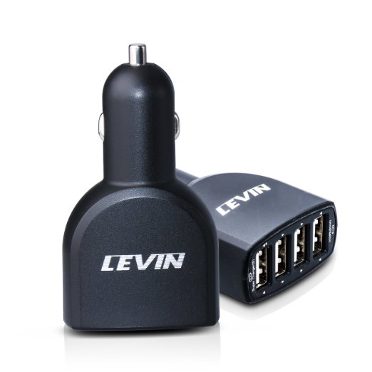 LevinTM 30W/6A Four Port USB Car Charger Dual 2.4A and Dual 1A iSmart Rapid Portable Travel Charger Power Adapter for S5, S4, S3, Note 4, Note3, Note 2, Tab; Nexus 10, 7, 6, 5, 4; LG G3, Optimus; HTC ONE M8; Motorola Moto G, Moto X; Bluetooth Speaker, GPS and Many other USB-Powered Mobile Devices (Black)