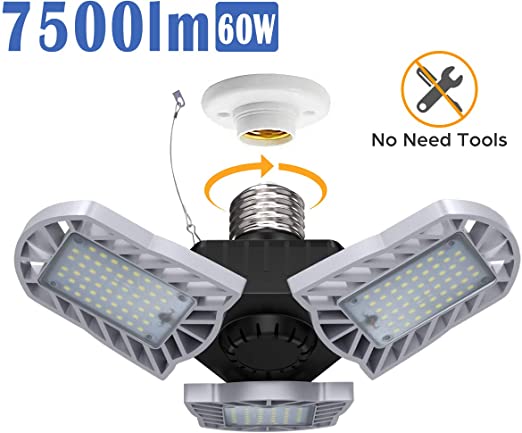 LED Garage Light, Blusmart 60W 7500lm Adjustable Three-Leaf Garage Lights with 360° Coverage, 156pcs Quality LED Chips, 50000Hr Lifespan for Garage Workshop Warehouse Use(1Pack)