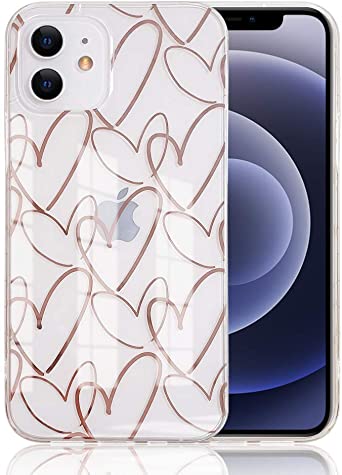 Ownest Compatible with iPhone 12/iPhone 12 Pro Case (6.1 Inch) with Rose Gold Heart Pattern for Women Girls Glitter Clear Soft Flexible Durable Slim TPU Cases for iPhone 12/iPhone 12 Pro-Clear