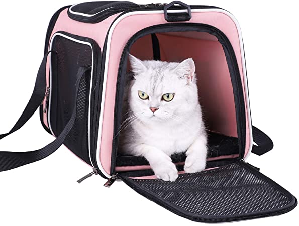 petisfam Pet Carrier for Medium Cats and Small Dogs with Washable Cozy Bed, 3 Doors and Shoulder Strap. Easy to get cat in, Easy to Storage and Escape Proof
