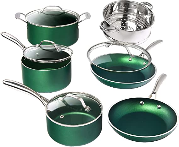 Granitestone Diamond Granite Stone Classic Emerald Pots and Pans Set with Ultra Nonstick Durable Mineral & Diamond Tripple Coated Surface, Stainless Steel Stay Cool Handles, 10 Piece Cookware, Green