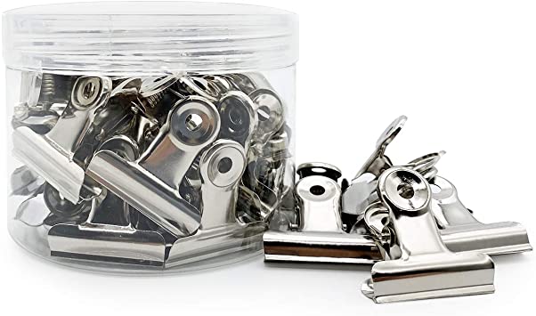 AIRFISH 30 Pack Metal Bulldog Clips 1.25 Inch Hinge Clips with Storage Box for Paper Pictures Crafts Hanging Art (Silver)