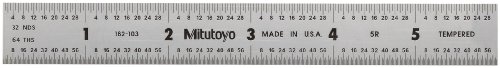 Mitutoyo 182-103, Steel Rule, 6" (5R), (1/32, 1/64", 1/10", 1/100"), 3/64" Thick X 3/4" Wide, Satin Chrome Finish Tempered Stainless Steel