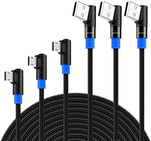 USB Micro Cable 90 Degree,SUNGUY 1.5FT 3FT 6FT 3Pack Right Angle Nylon Braided Reversible Connector Fast Charge&Data Sync Compatible for Samsung GalaxyS7/S6 Edge,and All Devices with Micro USB Port