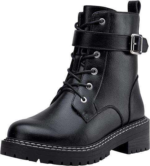 Jeossy Women's 9628 Combat Ankle Boots, Lace Low Heel Booties with Side Zipper