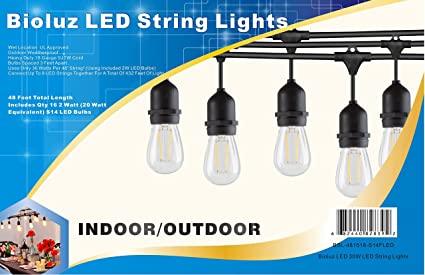 Bioluz LED Outdoor String Lights, 48' LED String Lights for Patio Includes LED Bulbs Weatherproof String Lights 15 Sockets with Vintage LED Bulbs for Porch Deck Bistro Garden Party UL Listed