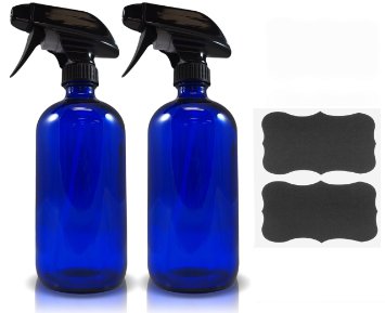 16oz Cobalt Glass Refillable Spray Bottles with Reusable Chalk Labels (2 Pack)