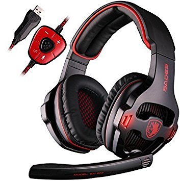 SADES SA903 7.1 Channel Surround Stereo Gaming Headset Noise Canceling LED Light USB Wired Over Ear PC Gaming Headset(Black&Red)