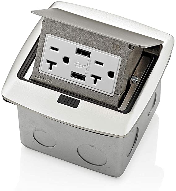 Leviton PFUS2-BN, Brushed Nickel Pop-Up Floor Box with Dual Type A, 3.6 Amp USB Charger, 20Amp Outlet, 20