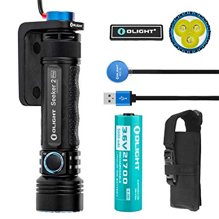 OLIGHT Seeker 2 Pro 3200 Lumens Three Cree XP-L HD CW LED Side Switch Rechargeable Tactical Flashlight Law Enforcement Searchlight with Charging Dock Patch