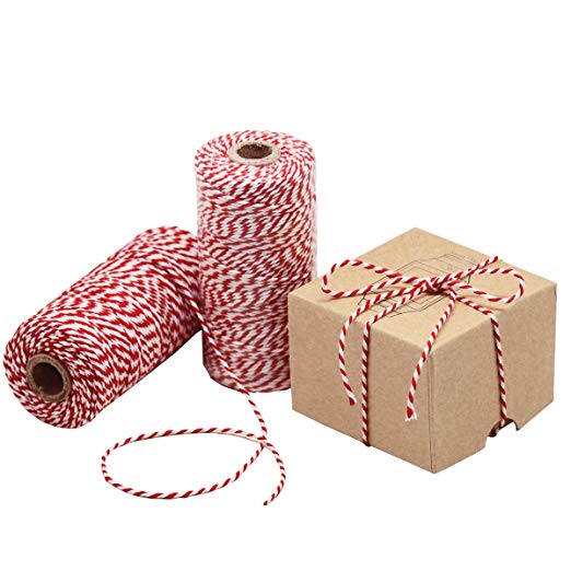 Natural Cotton Bakers Twine, Red and White Packing String, Durable Rope for Gardening, Decoration, Tying Cake and Pastry Boxes, Silverware, DIY Crafts & Gift Wrapping, for Art and Crafts