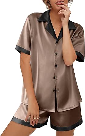 Ekouaer Womens Silk Satin Pajamas Set Button Down Short Sleeve Lounge Set 2 Piece Notch Collar Sleepwear Sets Soft Pjs S-XXL