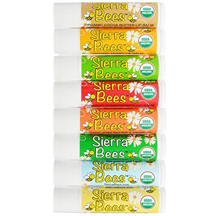 Organic Lip Balm - Variety 8 Pack by Sierra Bees - Cocoa Butter, Honey, Mint Burst, Pomegranate, Shea Butter & Argan Oil, Tamanu & Tea Tree, Unflavoured and Vanilla