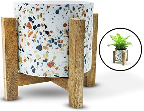 Olive   Crate ExquisiteHome Indoor Planters Handmade from Metal with Wooden Stands, Small Standing Planter Pots for Plants Indoor, Suitable for Succulents, Herbs, and Balcony Plant Pots (Stone Chips)