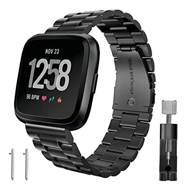 Fitbit Versa Bands, Kmasic Stainless Steel Metal Replacement Bracelet Starp Band for Fitbit Versa Sports Smart Watch Fitness, Black