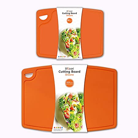 Liflicon Thick Cutting Boards for Kitchen Silicone Chopping Board Set of 2 Mid 12.6'' x 9.1”,Mini 9.1”x7.1” Non-slip Deep Drip Juice Groove Easy Grip Handle,Dishwasher Safe-Orange
