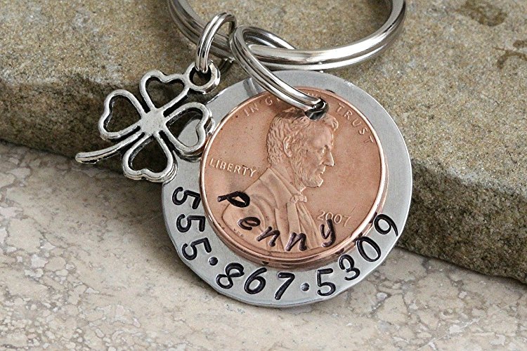 Lucky Penny pet tag or key chain with 4 leaf clover charm. Your name stamped on penny