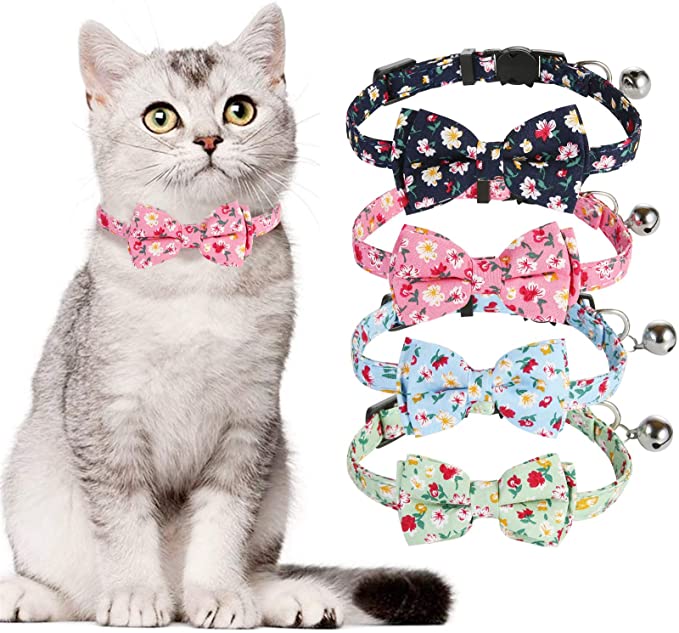 SLSON 4 Pack Kitten Collars Breakaway Cat Collar with Bell Flowers Pattern Collars with Bowtie for Cats Kitten and Puppy Adjustable from 8.2-12.6In, Green, Blue, Pink, Black