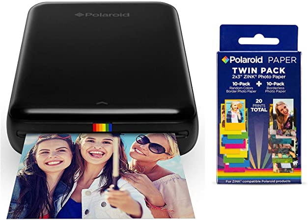 Polaroid Zip Wireless Mobile Photo Mini Printer (Black) w/ 20 Twin Pack Zink 2x3 Photo Paper