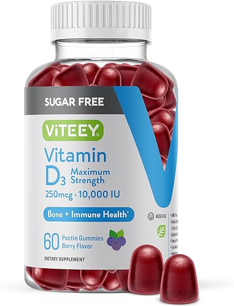 Vitamin D3 Gummies Sugar Free 10,000 IU 250mcg - Maximum Strength for Bone, Joint & Muscle Health | Immune Boost for Men & Women | Delicious Berry Flavor Gummy | Vegetarian, Gluten Free & Non-GMO