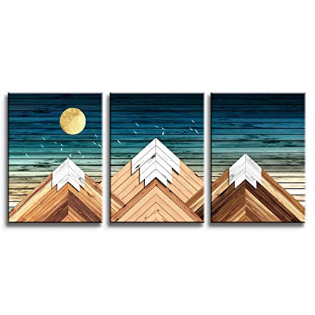 Geometric Mountain Canvas Wall Art for Office Bedroom,Rustic Wall Decor for Living Room Blue Sky Mountain on Wood Style Background,3 Piece Giclee Print Gallery Wrap Framed Rustic Home Decor Artwork