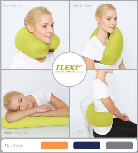 The Original FLEXi 4-in-1 Convertible Travel Pillow for Side Stomach and Back Sleepers Lumbar Support Features Adjustable Strap and Travel Bag Four colors Washable Lime