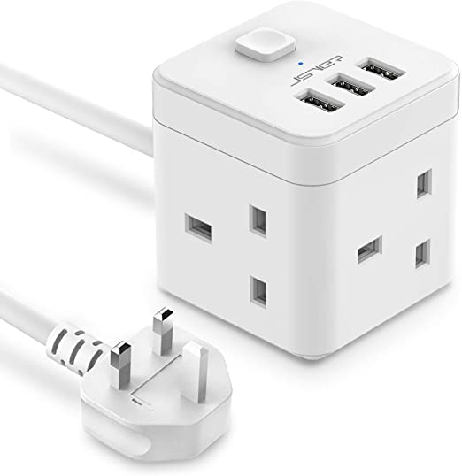 JSVER Cube Extension Lead with USB, 3 Way Power Strip with 3 USB Ports (5V/2.4A) Extension Socket with USB Charging Slots with Switch 2M Cable for Home, Office, Hotel, Travel -White